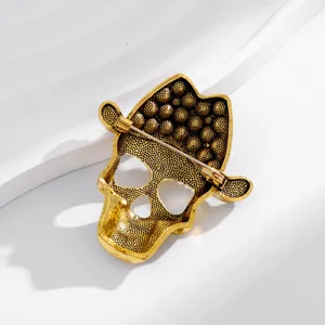 Vintage gold skull cowboy hat brooch pin, detailed back view showing secure clasp mechanism.