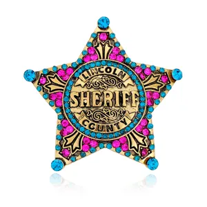 Vintage Alloy Rhinestone Sheriff Star Brooch Lincoln County Sheriff Badge Pin Antique Gold Jewelry For Men Women Daily Decor