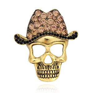 Detailed view of retro rhinestone skull brooch, exquisite cowboy hat design, fashion accessory.