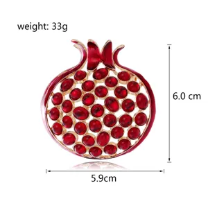 Pomegranate brooch detail view, red crystal alloy design, height 6.0cm, weight 33g pin accessory.
