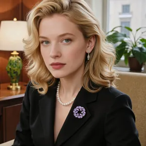Détail élégant d'une broche couronne en cristal violet, design floral en zircone éclatant.