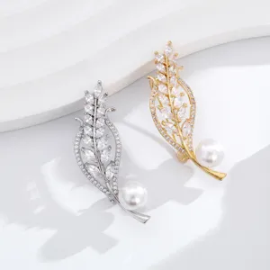 Elegant wheat ear alloy brooch set featuring sparkling cubic zirconia and pearl details.
