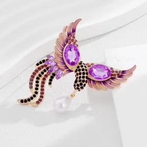 Elegante feniks vogel broche met paarse kristallen en parel hanger voor damesmode.