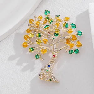 Detail de la broche arbre en strass avec des feuilles emaillees jaunes et vertes vibrantes.