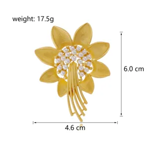 Elegante goldfarbene Sonnenblumen Perlen Brosche, Luxus Anzug Korsageschmuck 6.0x4.6cm.