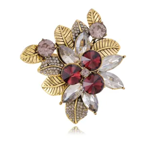 Vintage Antique Gold Alloy Floral Brooch Luxurious Ruby Red Crystal Flower Rhinestone Clothing Pins Brooches Fine Jewelry For Women Hat Accessory
