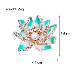 Exquisite enamel lotus flower brooch with rhinestones and pearl. Elegant detail view 3.6x4.4cm