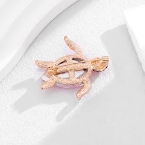 Close-up detail of the metal sea turtle brooch back, showing secure pin and quality metal work.