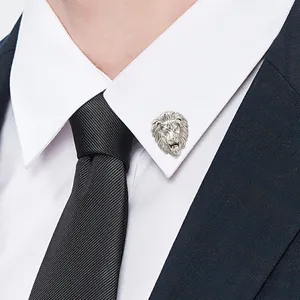 Silver lion head brooch collar pin for men fashion suit shirt stylish metal accessory