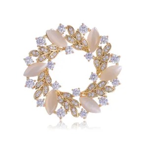 Elegant Copper Zirconia Flower Wreath Brooch Fashion Gold Plated Opal Leaf Clothing Pin Badge Accessories For Women Men Jewelry Gift