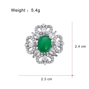 Broche épingle vintage style palais en oxyde de zirconium et pierre verte, 2.3x2.4cm, 5.4g.