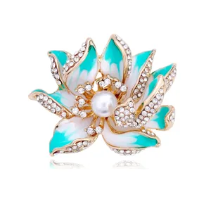 Stunning elegant lotus flower enamel brooch pin featuring sparkling rhinestones and central pearl.