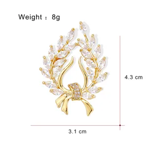 Elegant gold wheat ear zircon brooch detail, exquisite crystal wreath pin for women coat.