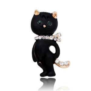 Elegant Alloy Rhinestone Black Cat Brooch Painted Animal Badge Lapel Pin Jewelry For Women Men Commute Banquet Dress Accessory