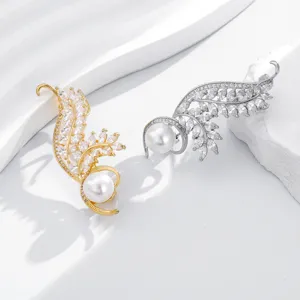 Elegant angel wing pearl zircon brooch pin in gold and silver for women fashion