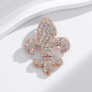 Exquisite rose gold rhinestone fleur-de-lis brooch pin, sparkling crystal detail for apparel.