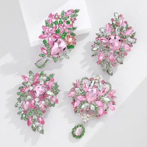 Crystal rhinestone brooch set, pink green floral leaf design detail view fashion jewelry.