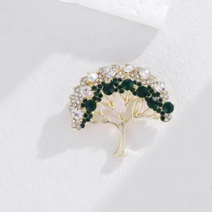 Spilla ad albero dorata con strass verdi e bianchi, elegante spilla di cristallo da donna.