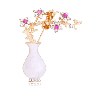 Vintage Enamel Vase Plum Blossom Brooch For Women Alloy Rhinestone Floral Lapel Pin Elegant Jewelry Accessory Gift