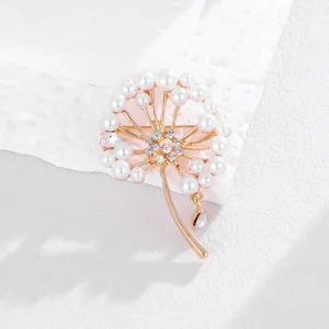 Dandelion Perlen Broschen Detailaufnahme, elegantes Goldmetall Strass Revers-Anstecknadel.