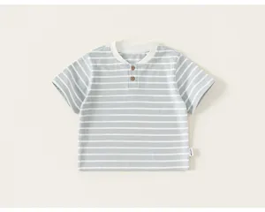 Baby kinderen blauw wit gestreept korte mouw T-shirt zomer casual pullover knopen.