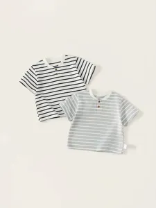 Kinderen gestreept korte mouw t-shirt zomer katoen peuter top met knopen casual stijl