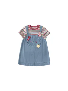 Ensemble T-Shirt Rayé en Coton et Jupe à Bretelles en Denim pour Filles Tenue Décontractée pour Enfants en Bas Âge