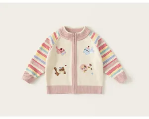 Close-up details of cute embroidered cartoon cats on this soft knit cardigan sweater detail.