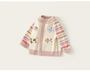 Cute toddler girls knitted cardigan sweater with rainbow sleeves and sweet cat embroidery full zip.