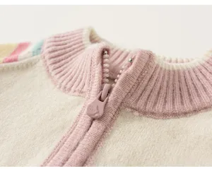 Close-up detail of knitted cardigan collar and zipper, soft fabric texture and warm wear.
