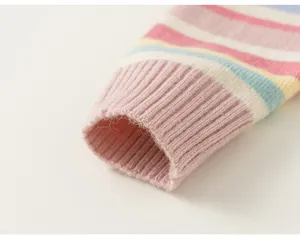 Detailed view of colorful striped knit sleeve, soft texture for kids cardigan sweater.