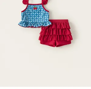 Toddler girls cute blue gingham ruffle swimsuit two piece set with cherry detail summer beach wear