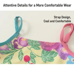 Girls floral print swimsuit strap detail close up view, cute summer swimwear design features.
