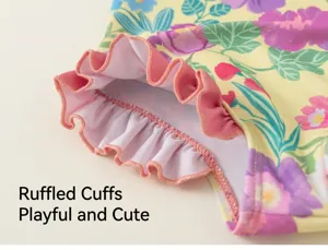 Girl summer floral swimsuit ruffle leg detail, cute and comfortable swimwear piece.
