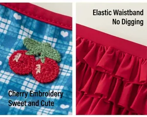 Kids swimsuit detail showing cute cherry embroidery and comfortable elastic ruffled waist design.