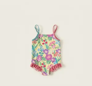 Girls floral print one-piece swimsuit with ruffled hem and colorful straps for summer vacation.
