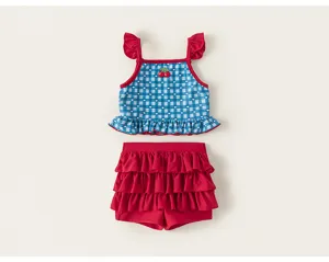 Girls two-piece swimsuit cute blue plaid ruffles bikini set with sweet cherry detail