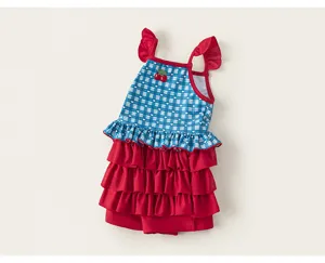 Girls cute one-piece swimsuit featuring blue gingham top, cherry embroidery and red ruffles.