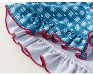 Girls swimsuit detail, blue plaid pattern with white hearts and cute red ruffle trim.