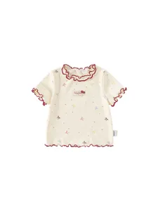 Maglietta a Manica Corta per Bambine in Misto Cotone Stampa Fiocco Carino Bordo Riccio Girocollo Top Estivo Casual Abbigliamento per Bambini