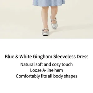 Nahaufnahme des blau-weiß karierten ärmellosen Kleides mit silbernen Schuhen unten.