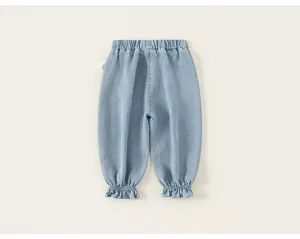 Bambina piccola azzurro denim pantaloni polsino estate bambino cotone pantaloni volants