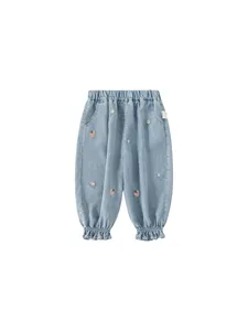 Pantaloni in Denim per Ragazze Estate Sottile Fibra di Lyocell Pantaloni Casual per Bambini Ricamo Floreale Vita Elastica