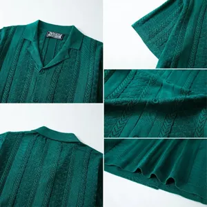 Macro view of green knitted polo shirt showing wheat spike jacquard texture and Cuban collar