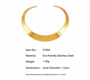Gold stainless steel punk open choker necklace with detailed size and weight specs