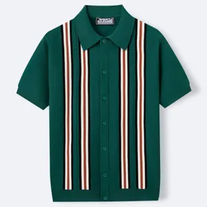 Premium men's dark green short sleeve knit polo shirt with vertical stripe design