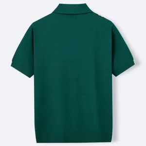 Back view of a premium men's short sleeve knitted polo shirt in deep dark green
