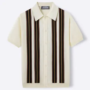 Detailed view of cream men's knitted Polo shirt featuring elegant brown and black vertical stripes