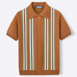 Men's vertical striped knit polo shirt with short sleeves and button-down front