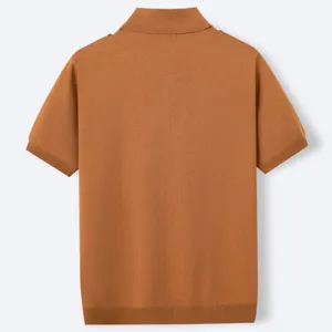 Back view of men's brown knit polo shirt showcasing premium ribbed texture detail